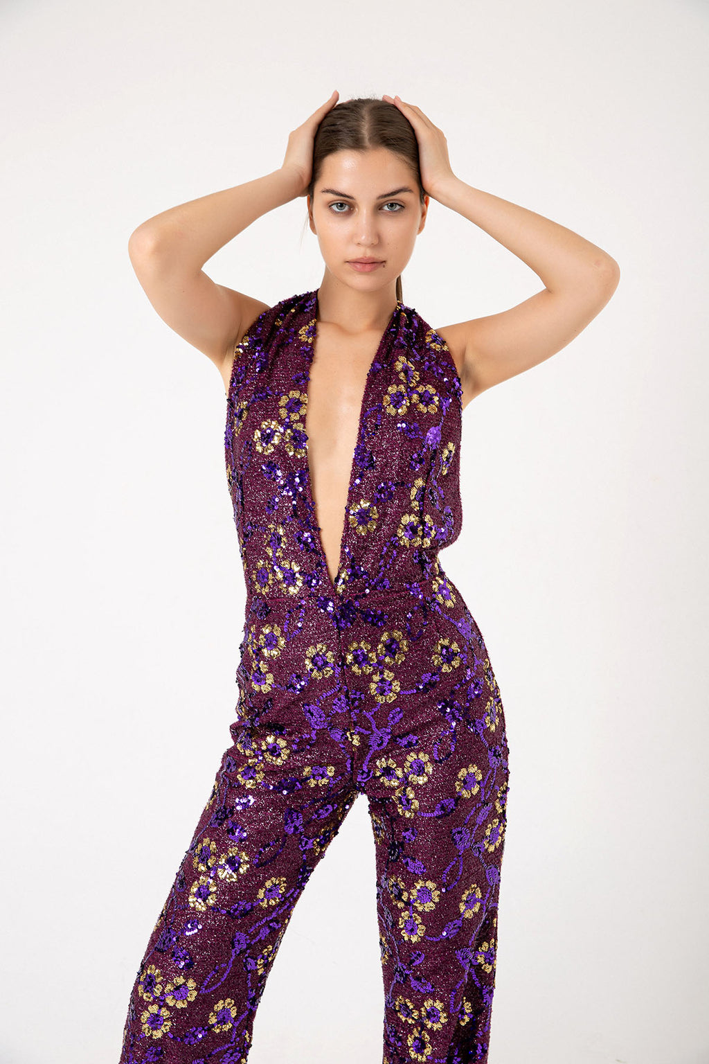 V Yaka Gold Pul Payetli Papatyalı Mor Abiye Tulum