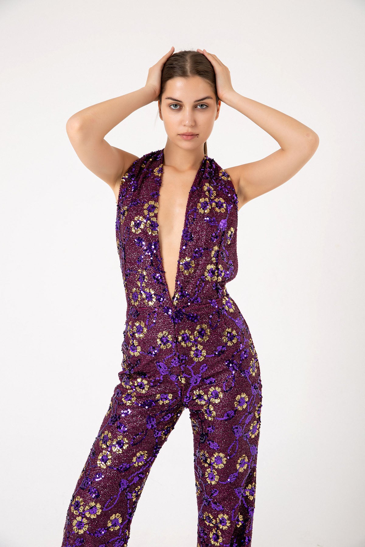 V Yaka Gold Pul Payetli Papatyalı Mor Abiye Tulum