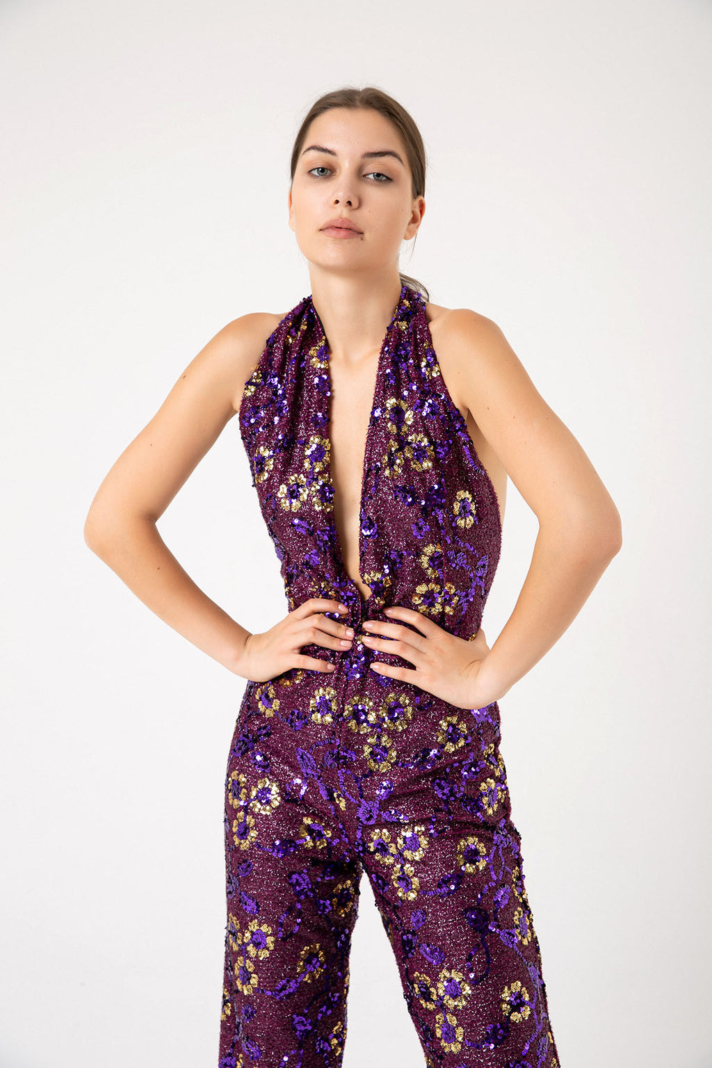 V Yaka Gold Pul Payetli Papatyalı Mor Abiye Tulum