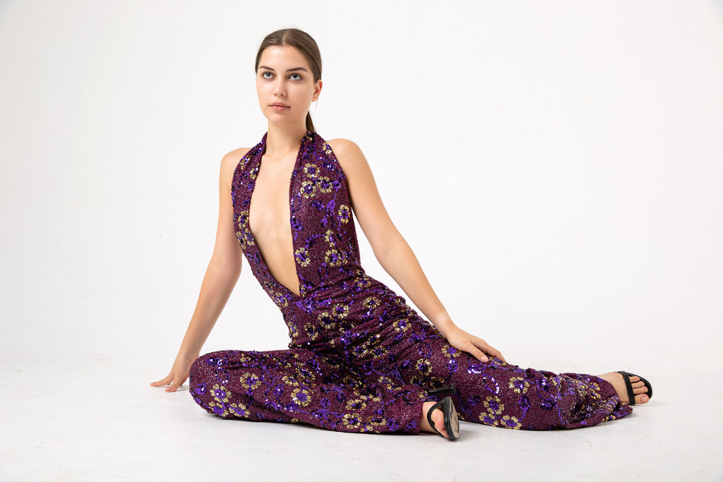 V Yaka Gold Pul Payetli Papatyalı Mor Abiye Tulum