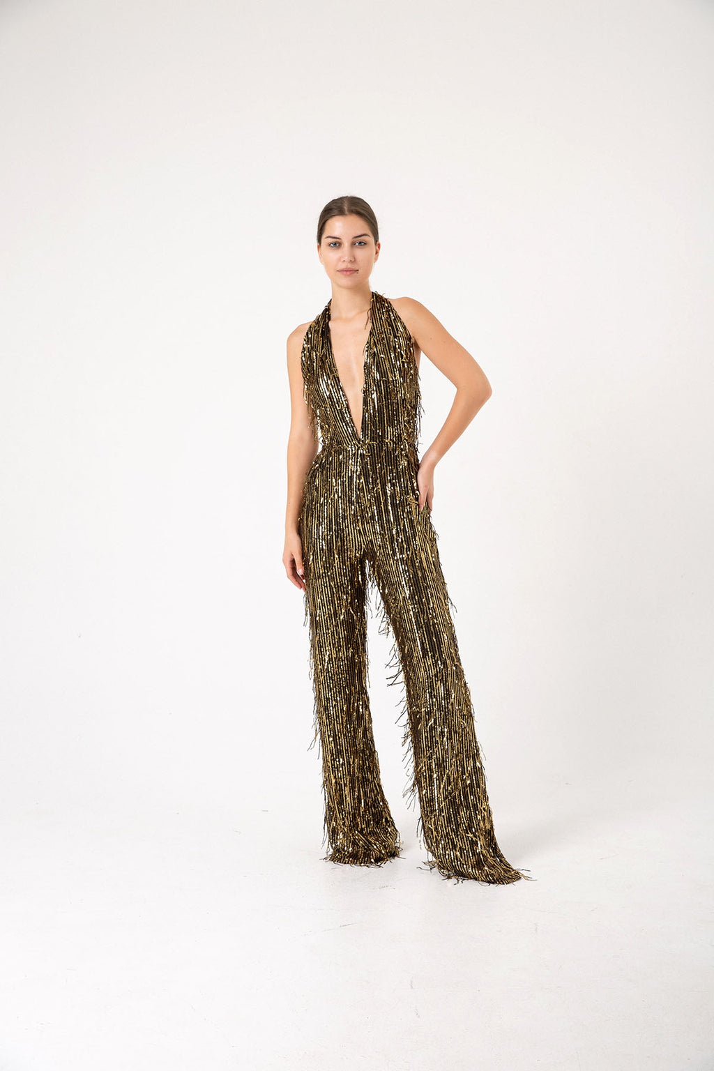 V Yaka Pul Payet Gold Püsküllü Siyah Abiye İspanyol Paça Tulum