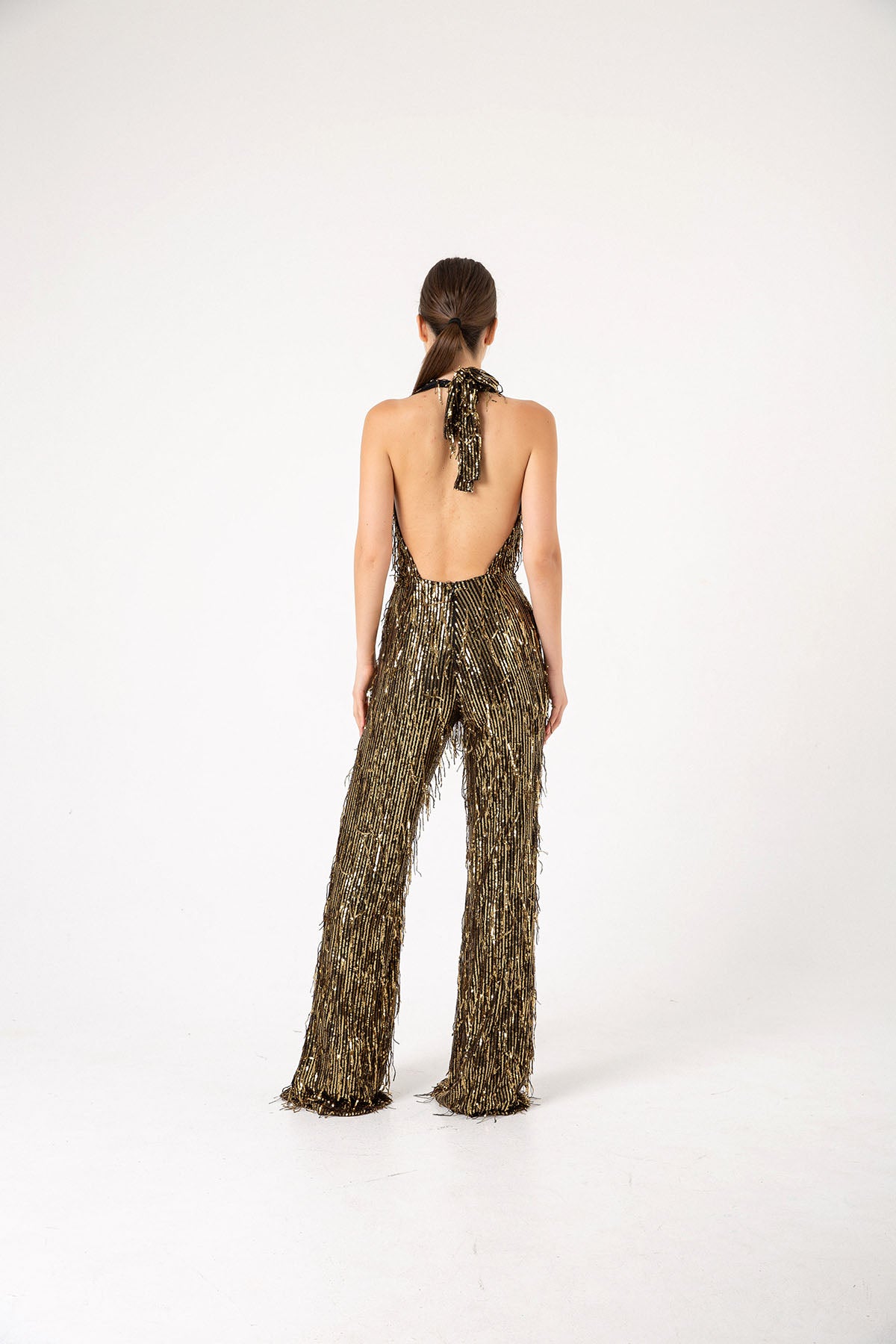 V Yaka Pul Payet Gold Püsküllü Siyah Abiye İspanyol Paça Tulum