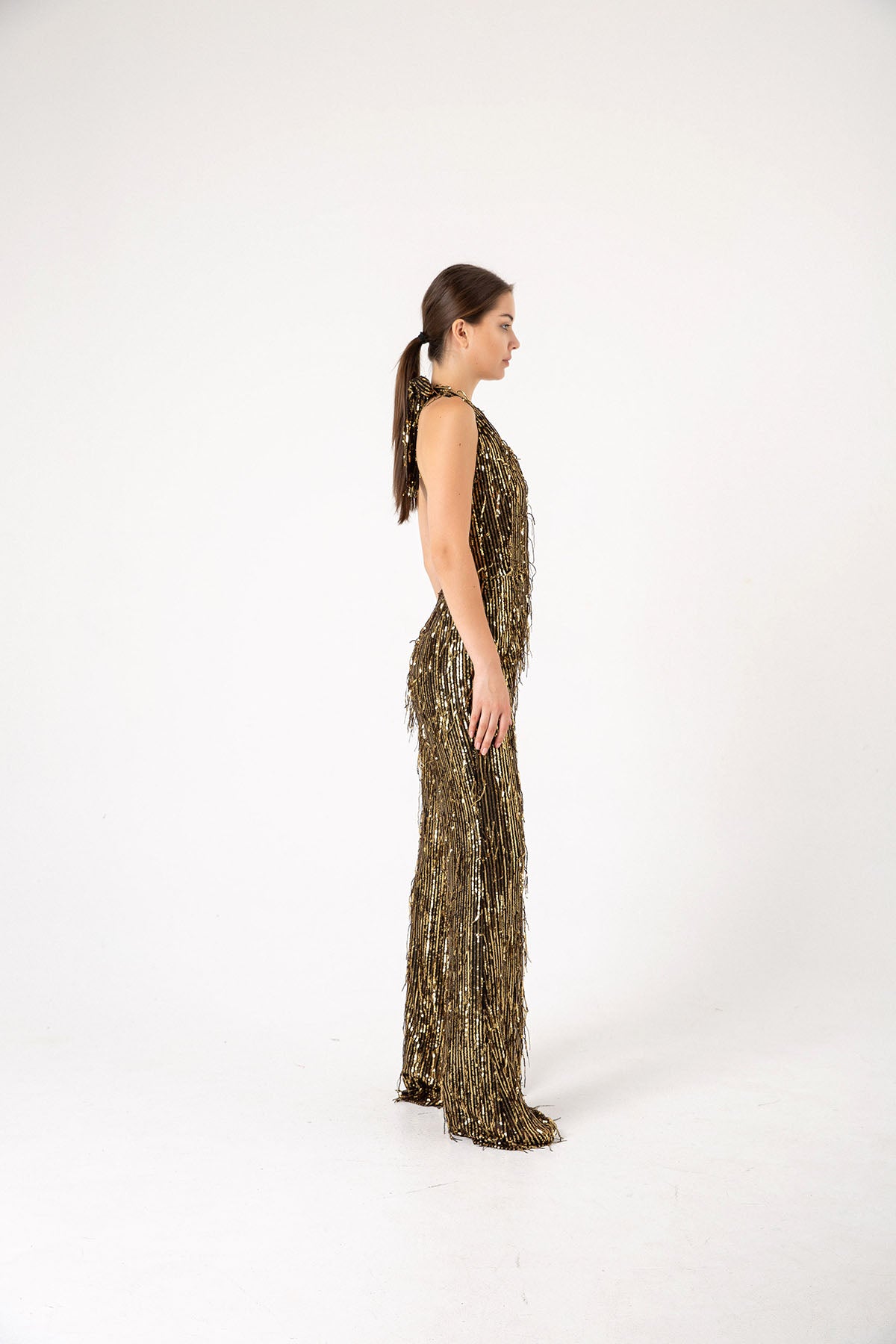 V Yaka Pul Payet Gold Püsküllü Siyah Abiye İspanyol Paça Tulum