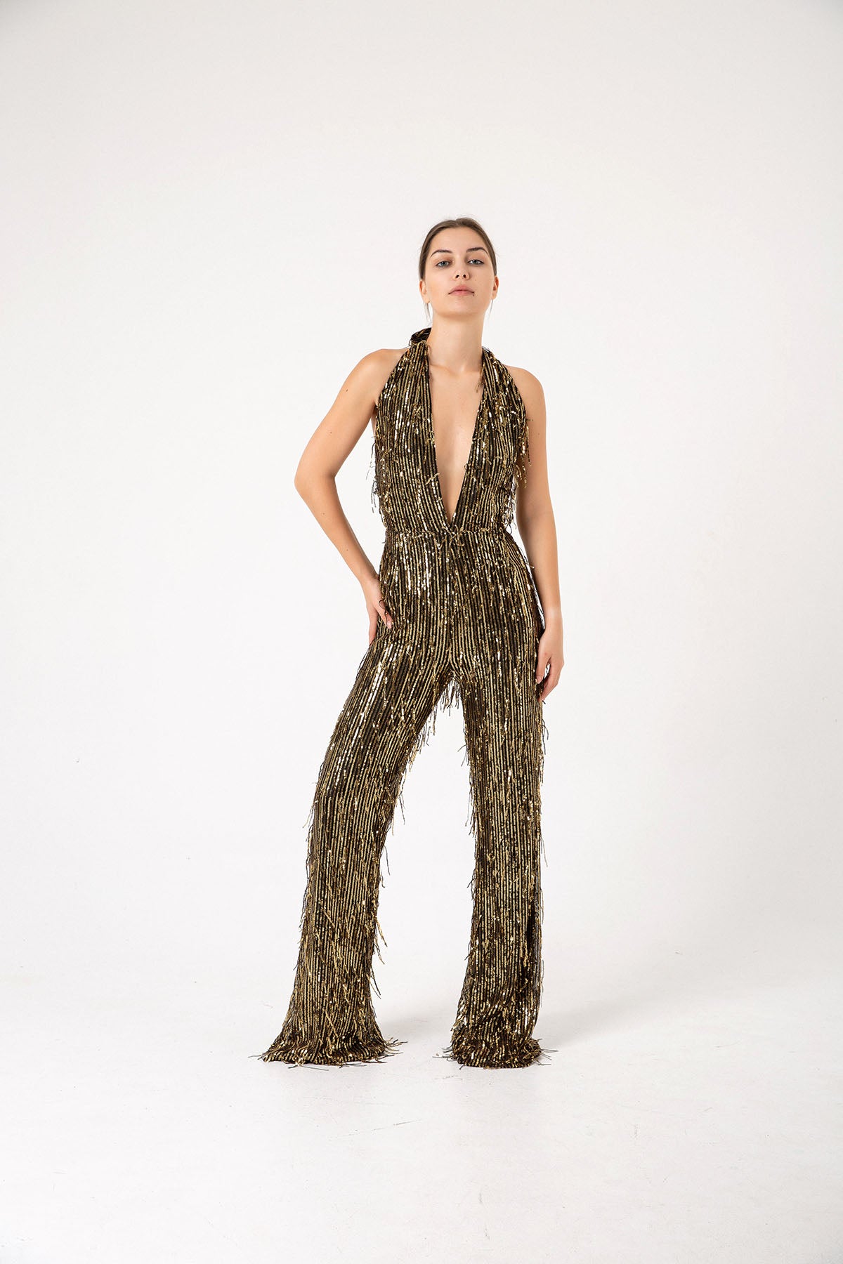 V Yaka Pul Payet Gold Püsküllü Siyah Abiye İspanyol Paça Tulum