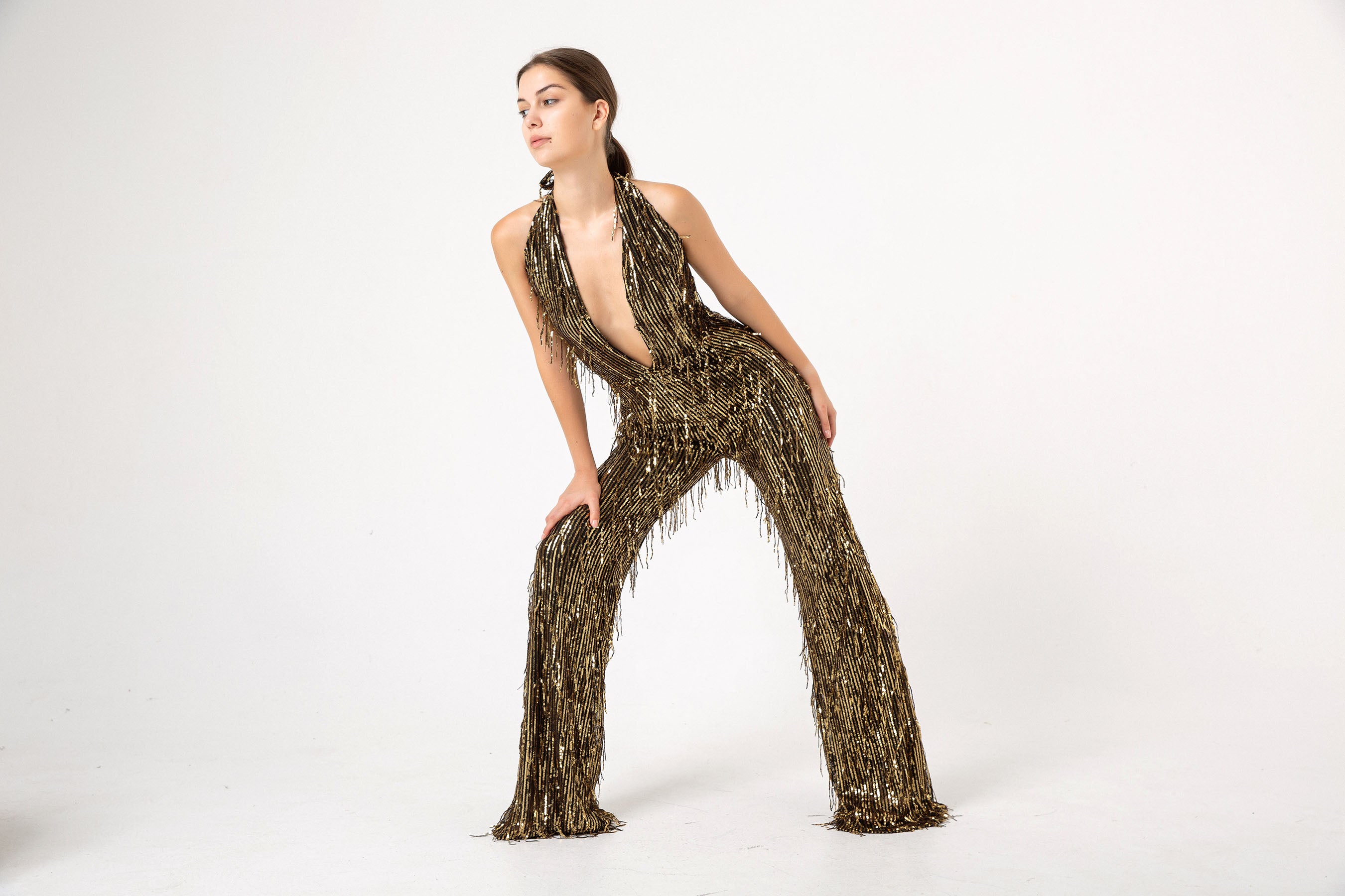 V Yaka Pul Payet Gold Püsküllü Siyah Abiye İspanyol Paça Tulum