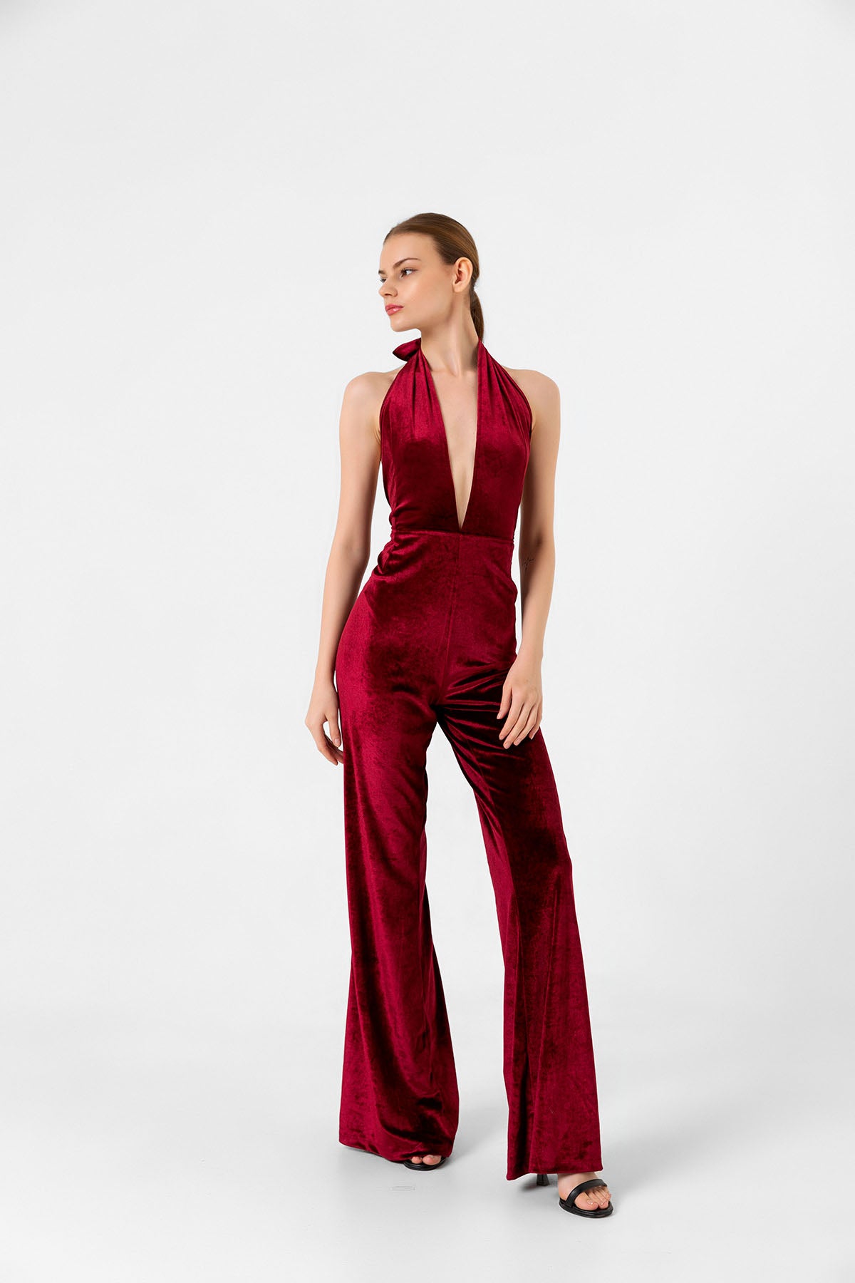 V Yaka Kadife Bordo İspanyol Paça Tulum