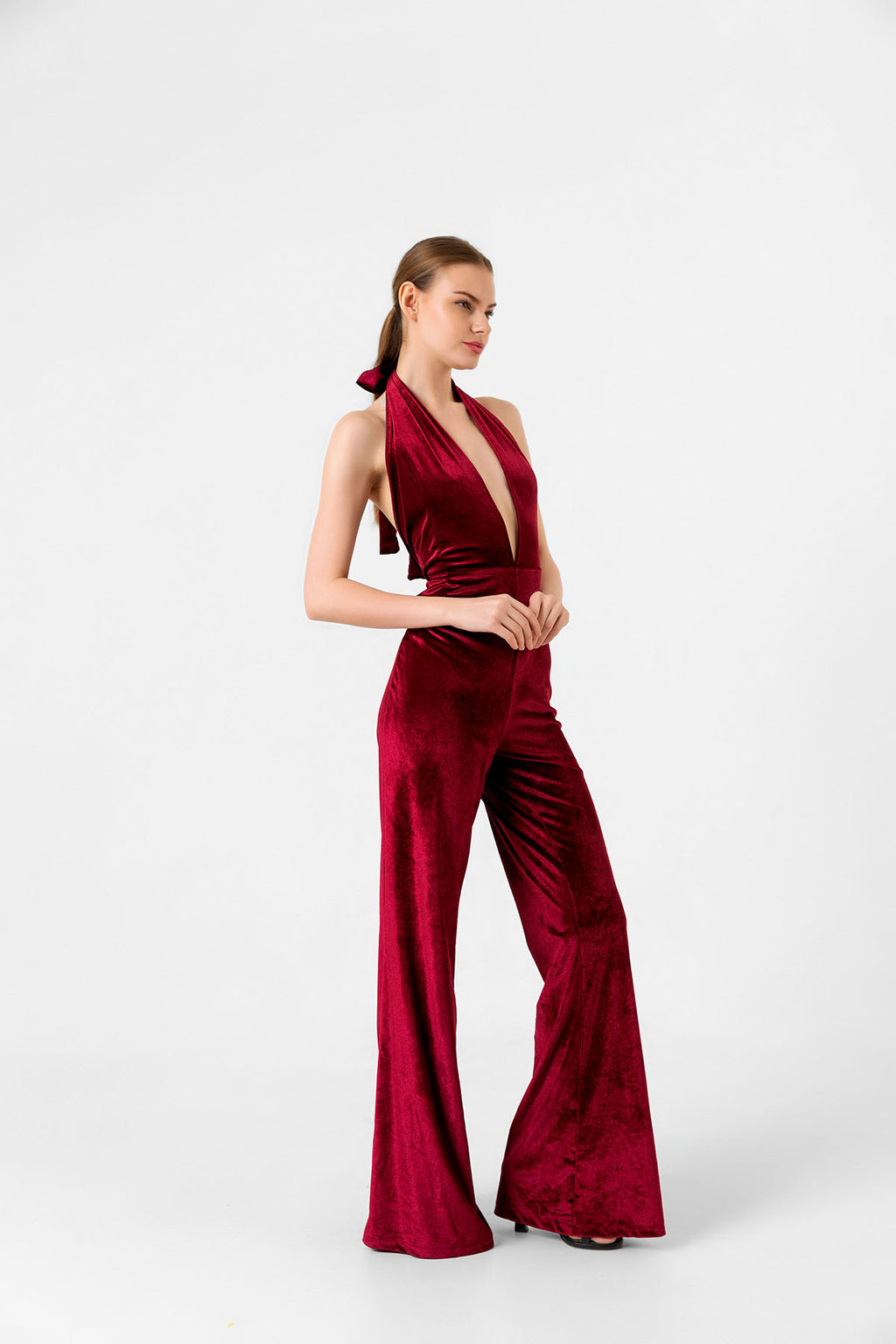 V Yaka Kadife Bordo İspanyol Paça Tulum