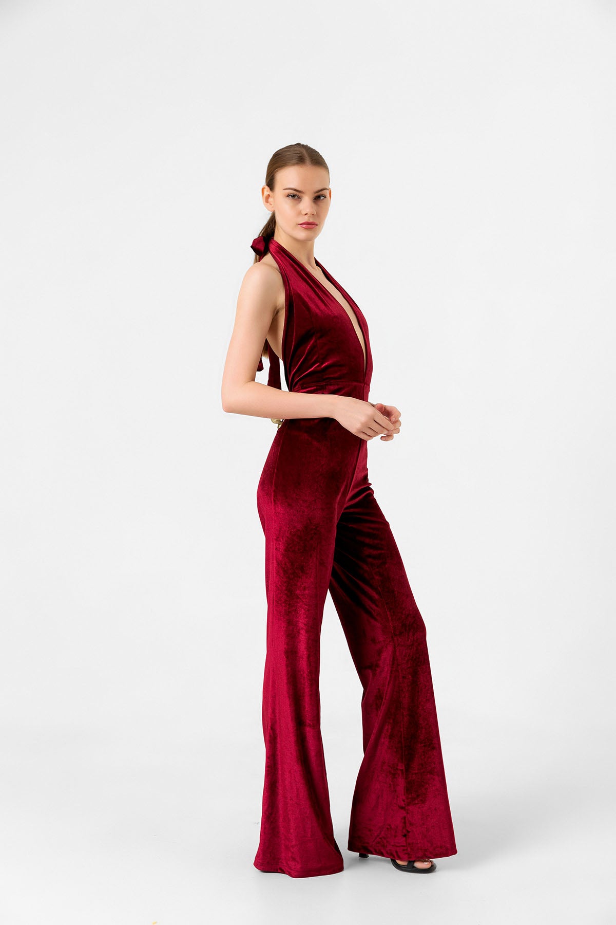 V Yaka Kadife Bordo İspanyol Paça Tulum