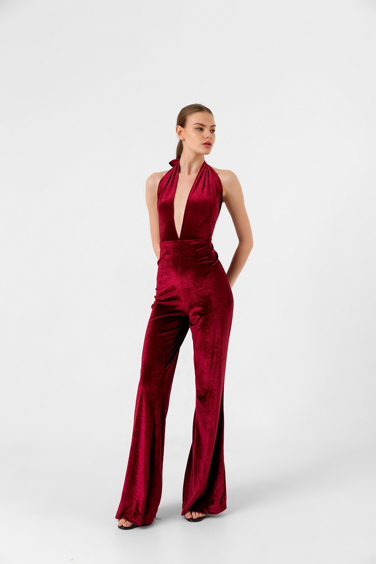 V Yaka Kadife Bordo İspanyol Paça Tulum