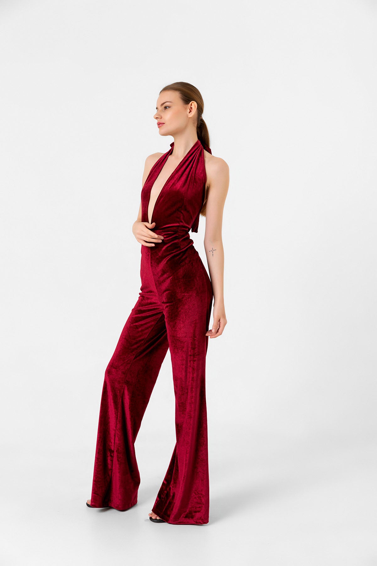 V Yaka Kadife Bordo İspanyol Paça Tulum