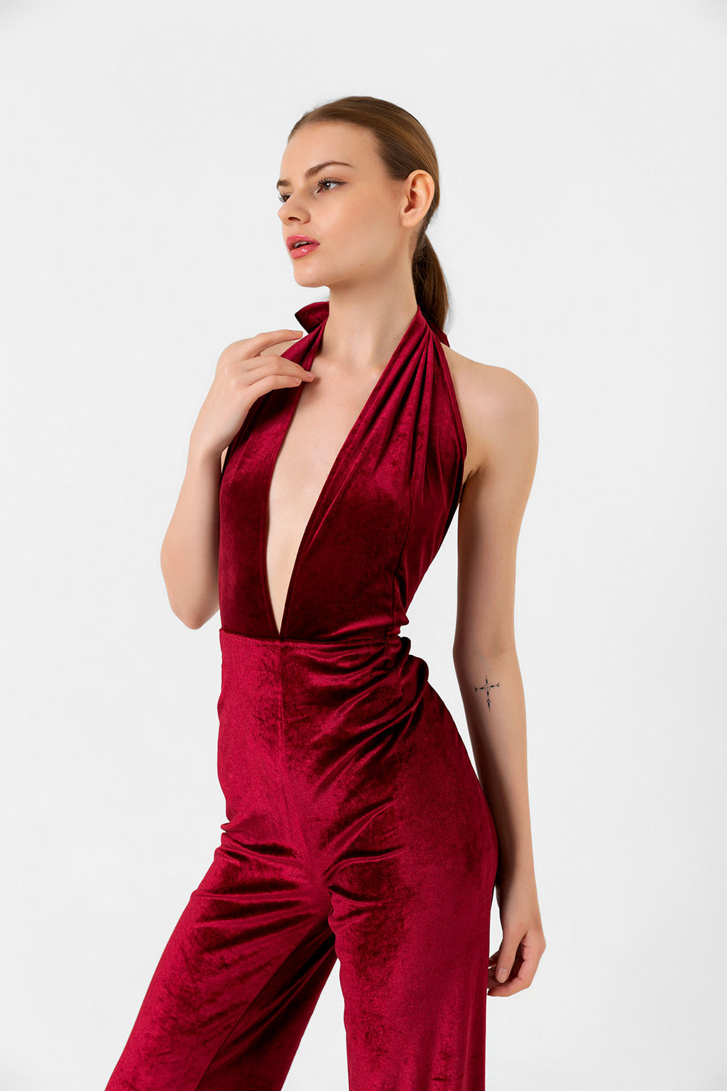 V Yaka Kadife Bordo İspanyol Paça Tulum