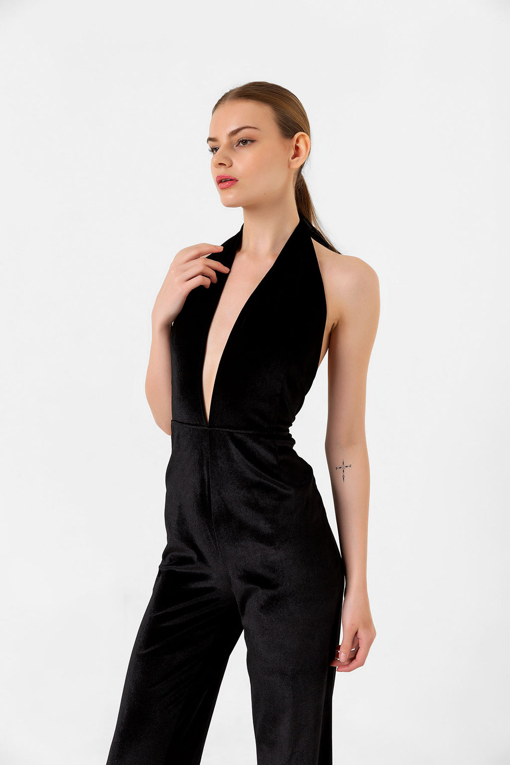 V Yaka Kadife Siyah İspanyol Paça Tulum