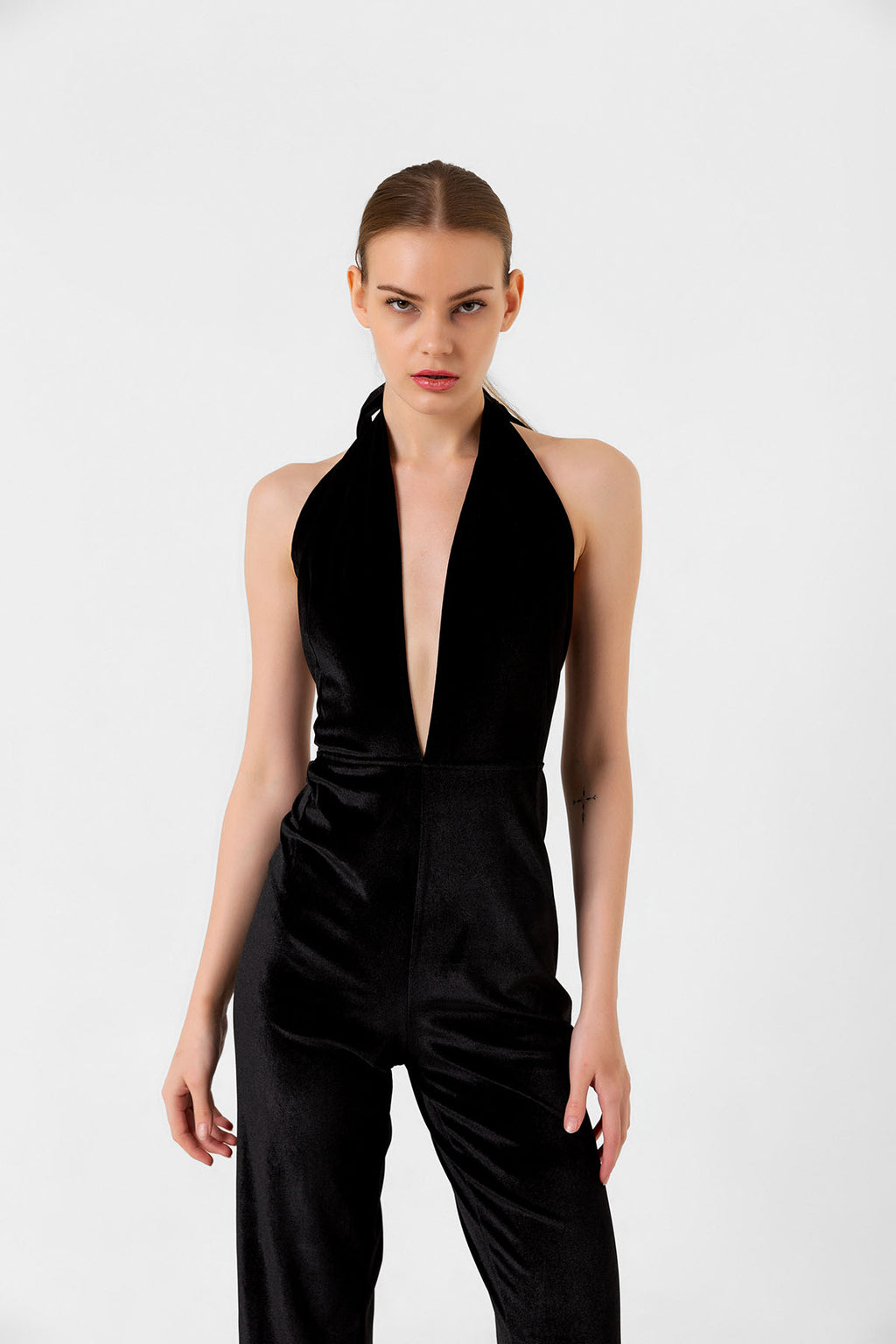 V Yaka Kadife Siyah İspanyol Paça Tulum