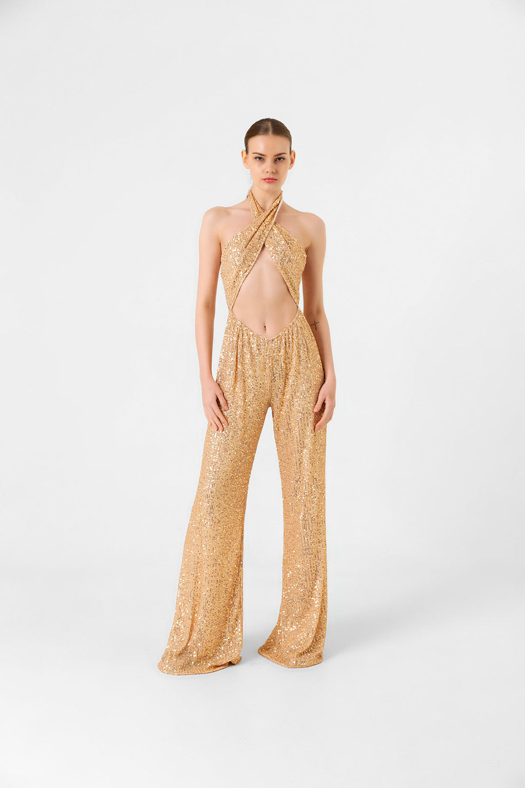 Pul Payetli Halter Yaka Gold İspanyol Paça Tulum