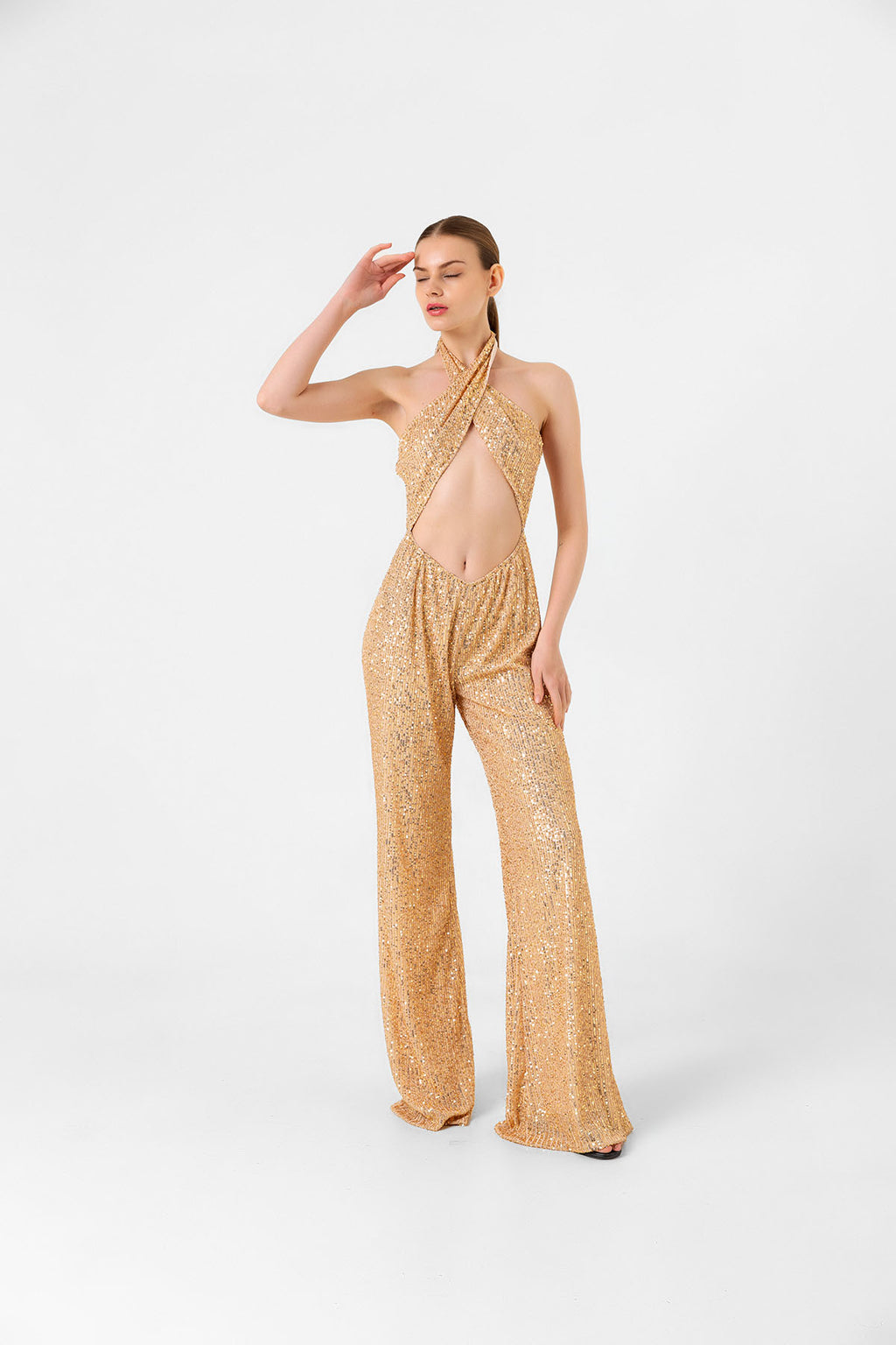 Pul Payetli Halter Yaka Gold İspanyol Paça Tulum