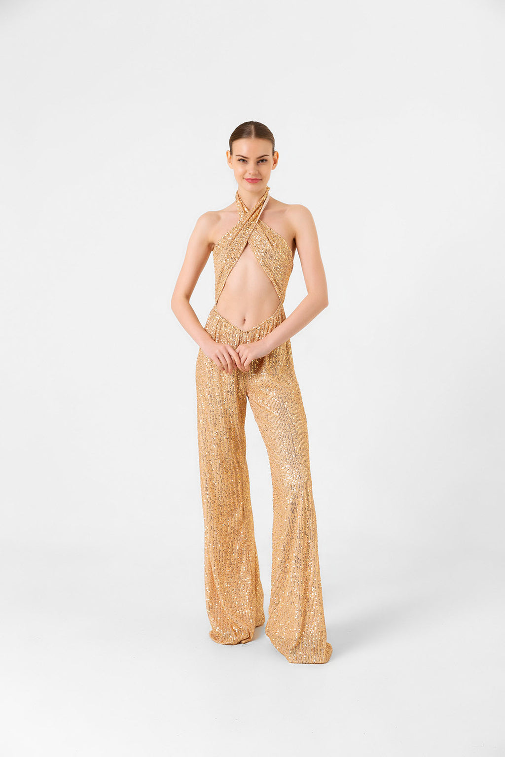 Pul Payetli Halter Yaka Gold İspanyol Paça Tulum