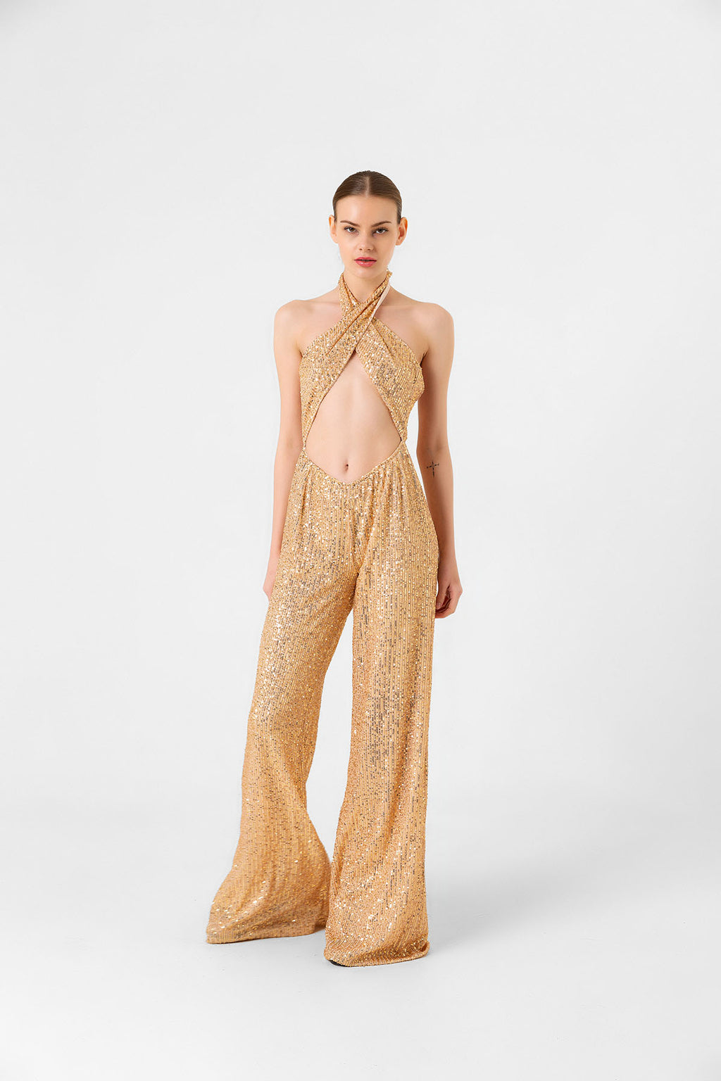 Pul Payetli Halter Yaka Gold İspanyol Paça Tulum
