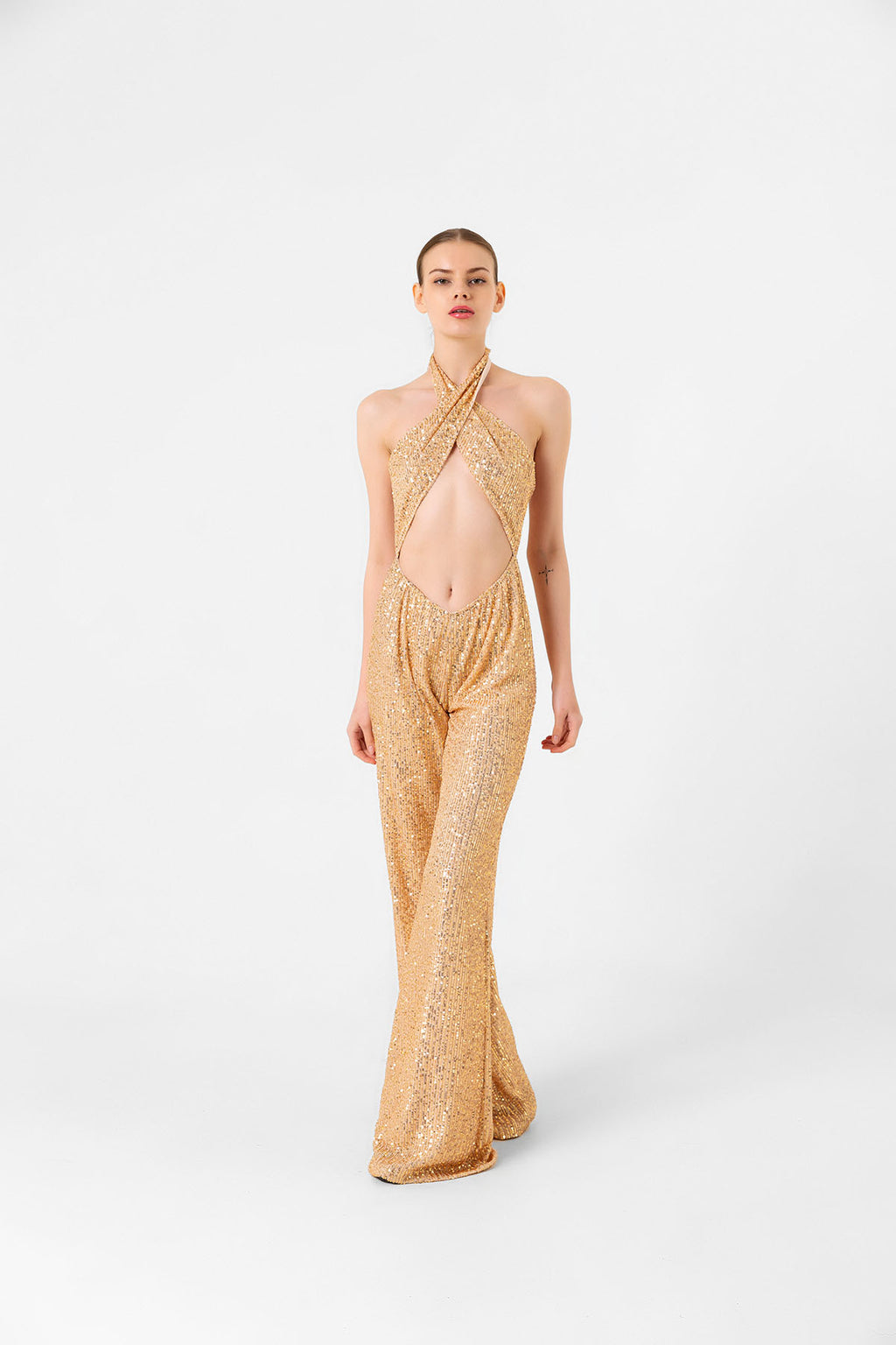 Pul Payetli Halter Yaka Gold İspanyol Paça Tulum