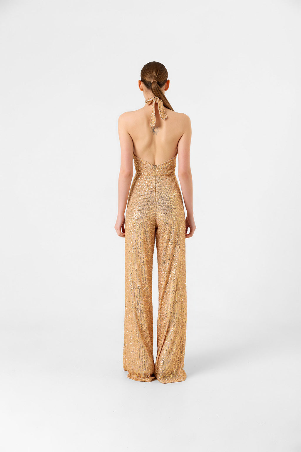 Pul Payetli Halter Yaka Gold İspanyol Paça Tulum
