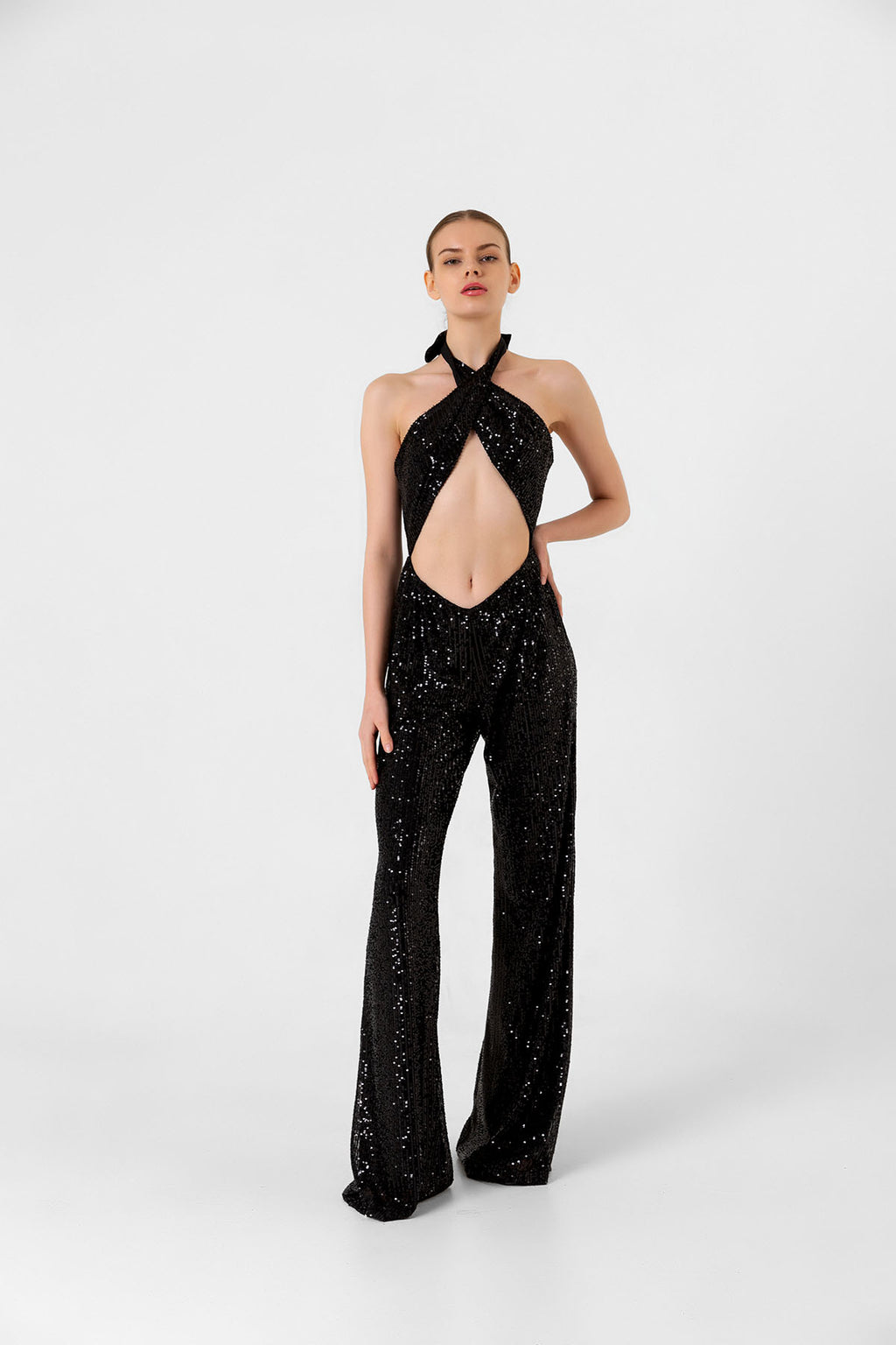 Pul Payetli Halter Yaka Siyah İspanyol Paça Tulum