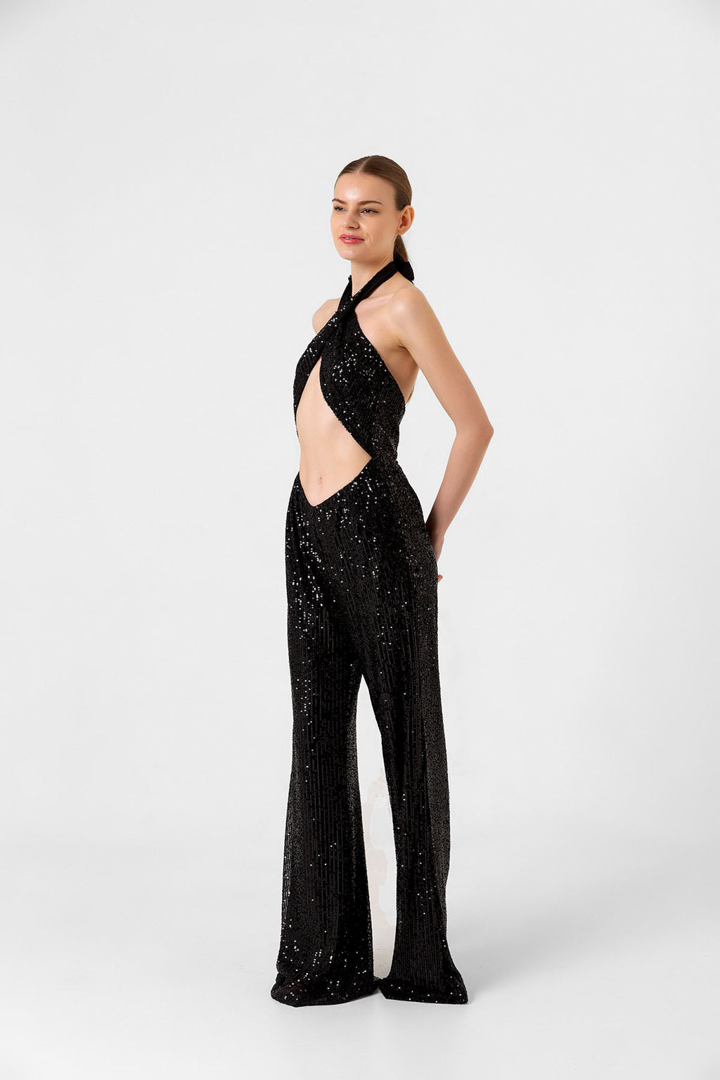 Pul Payetli Halter Yaka Siyah İspanyol Paça Tulum