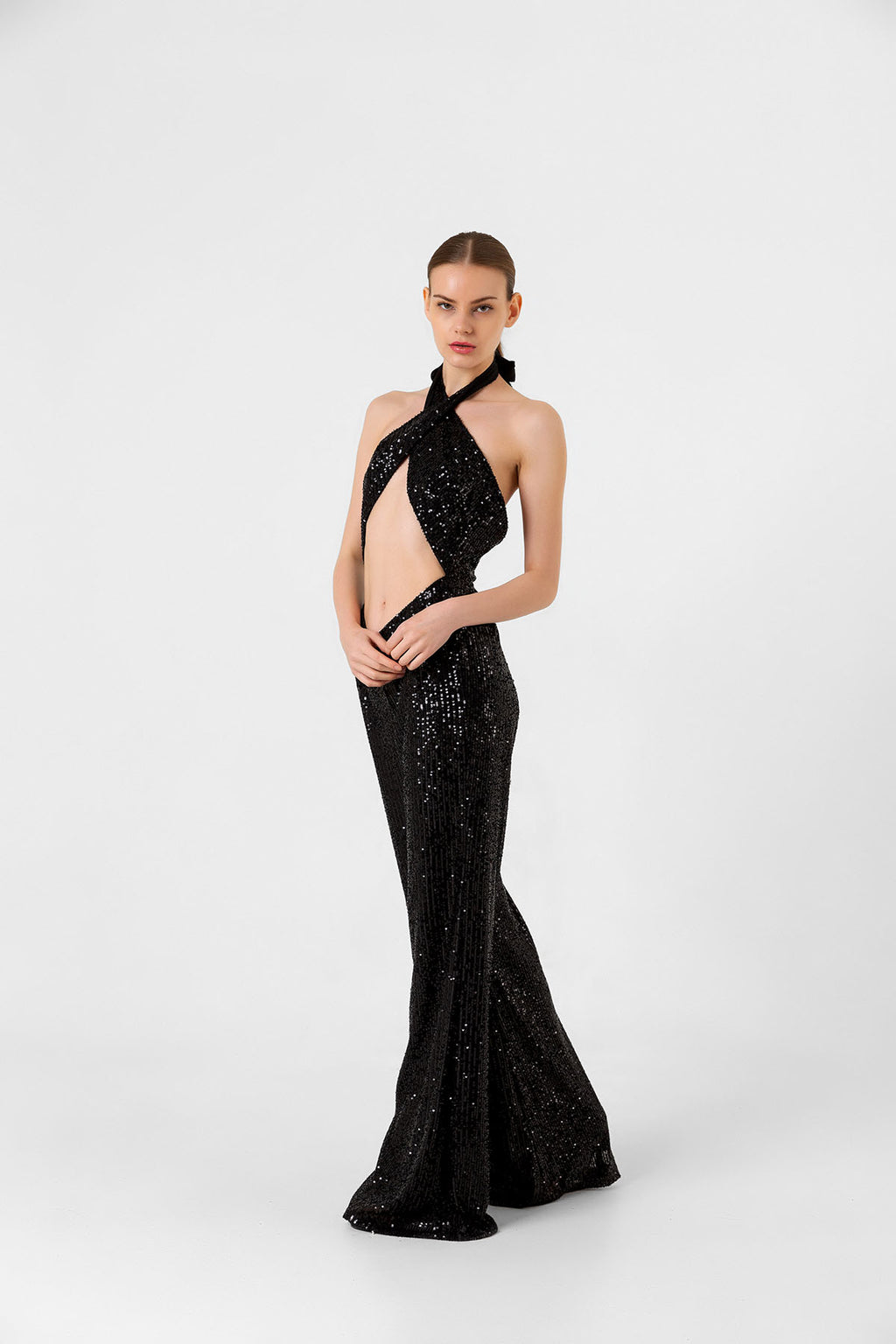 Pul Payetli Halter Yaka Siyah İspanyol Paça Tulum