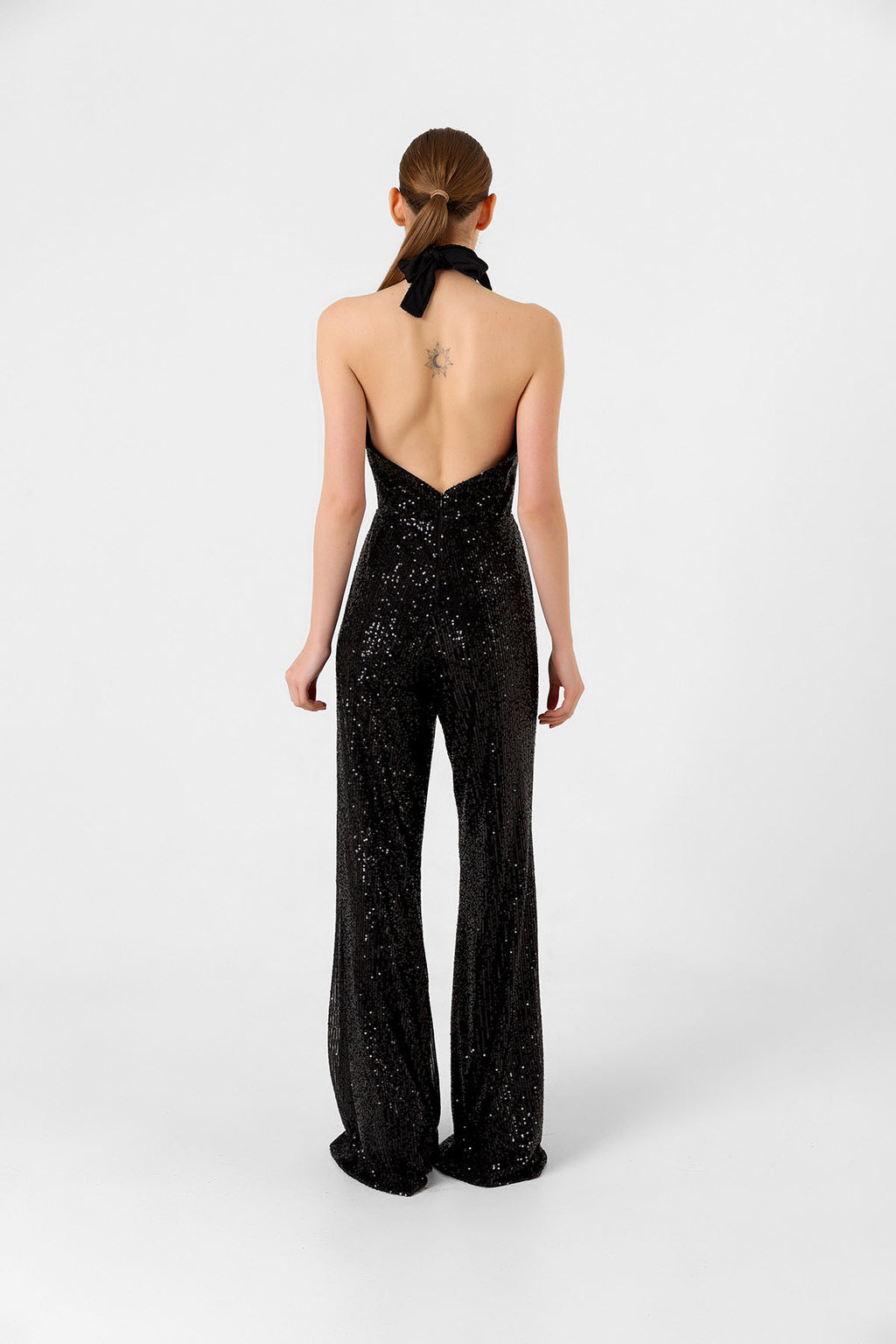 Pul Payetli Halter Yaka Siyah İspanyol Paça Tulum