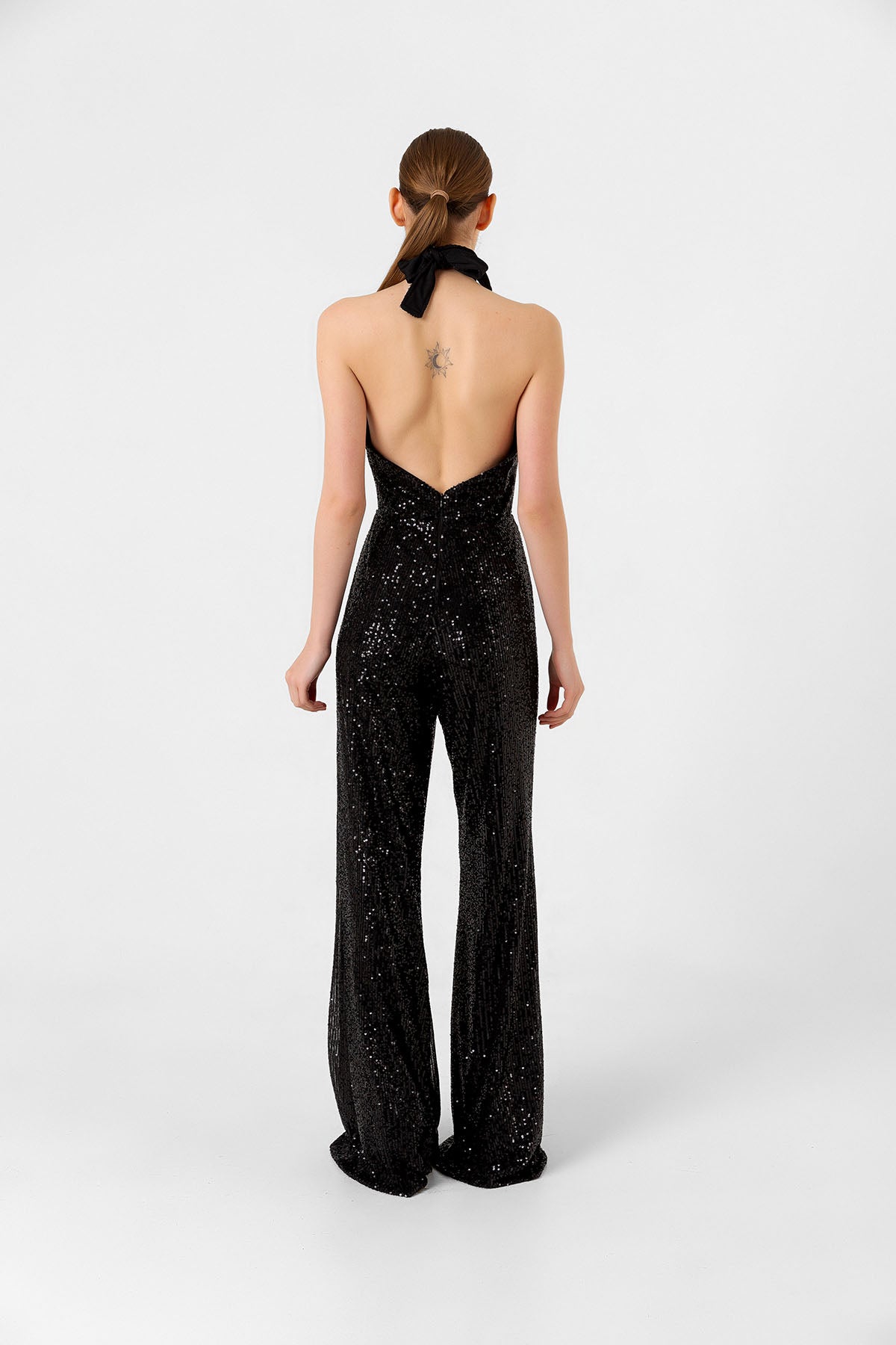 Pul Payetli Halter Yaka Siyah İspanyol Paça Tulum