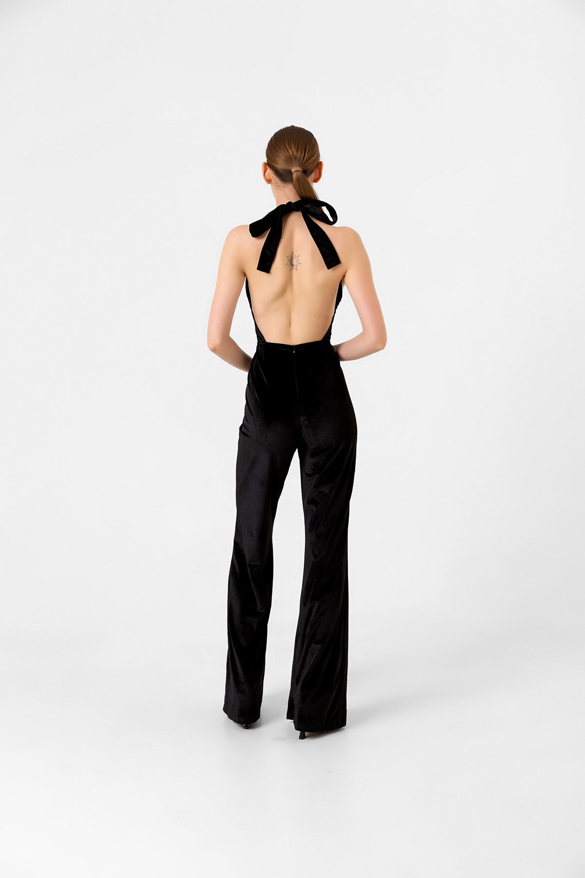 V Yaka Kadife Siyah İspanyol Paça Tulum