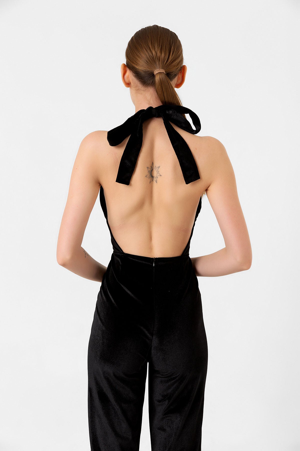 V Yaka Kadife Siyah İspanyol Paça Tulum