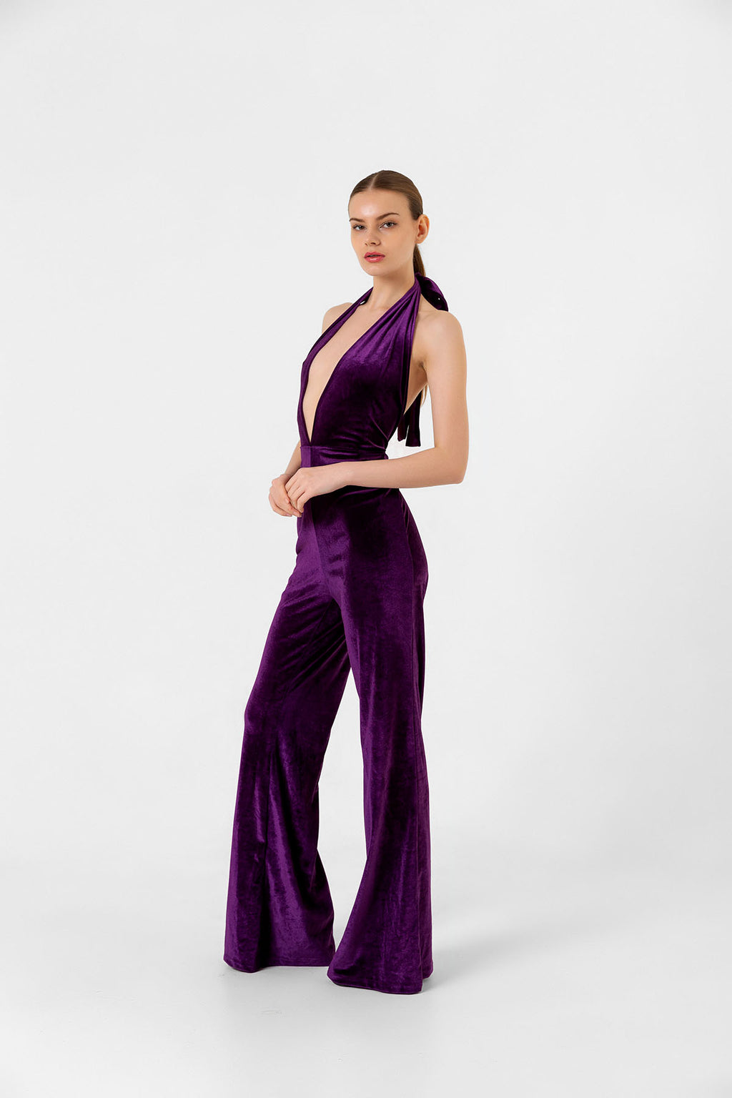 V Yaka Kadife Mor İspanyol Paça Tulum