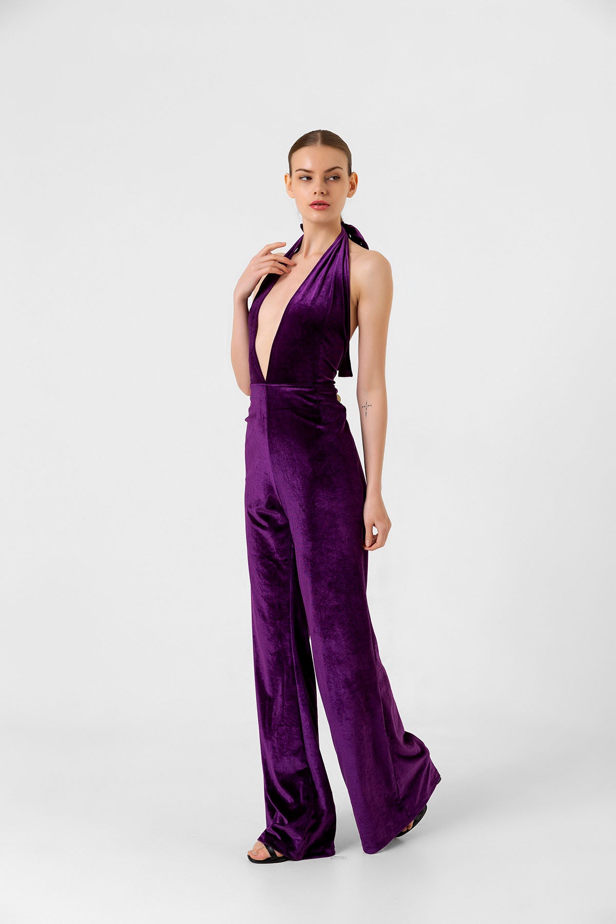 V Yaka Kadife Mor İspanyol Paça Tulum