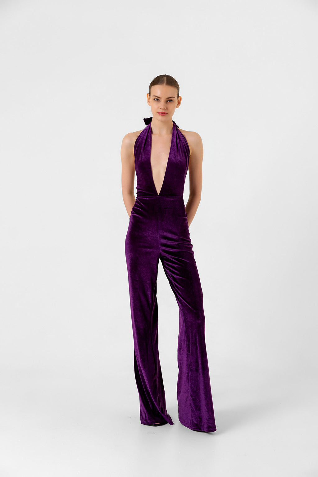 V Yaka Kadife Mor İspanyol Paça Tulum