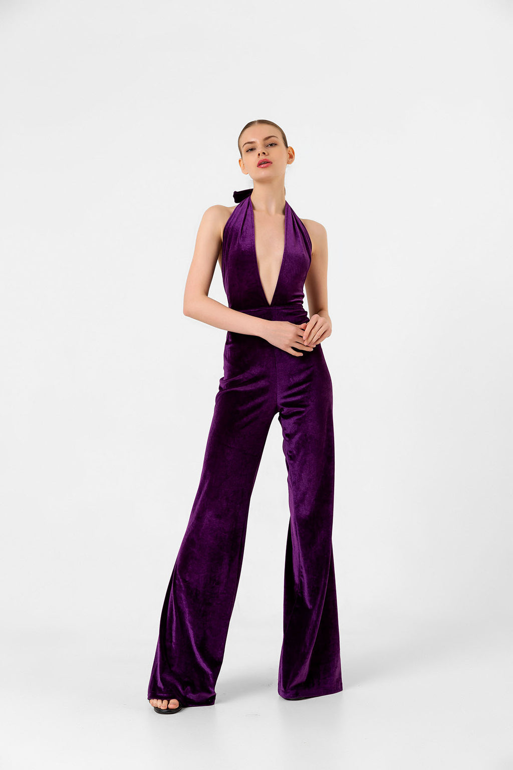 V Yaka Kadife Mor İspanyol Paça Tulum