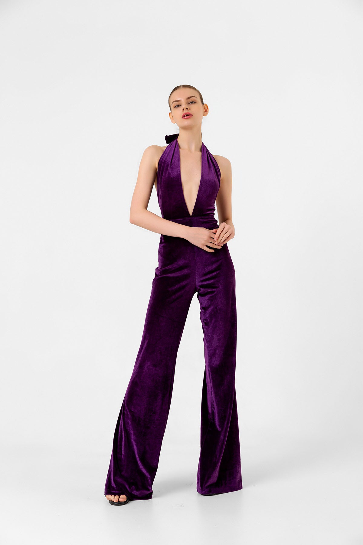 V Yaka Kadife Mor İspanyol Paça Tulum