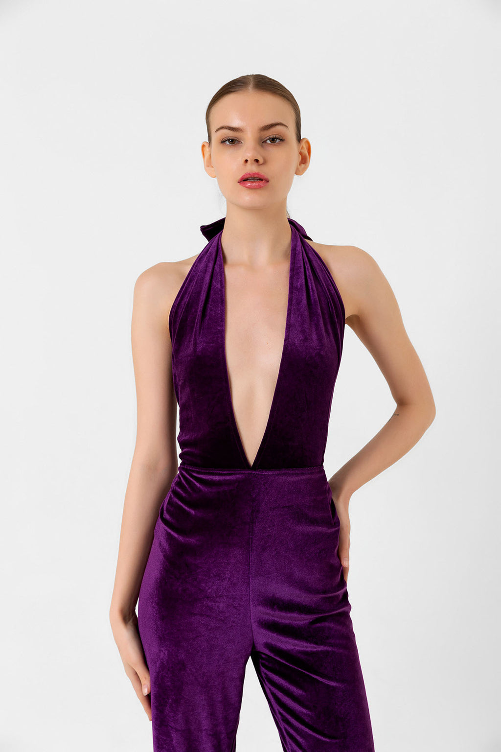 V Yaka Kadife Mor İspanyol Paça Tulum