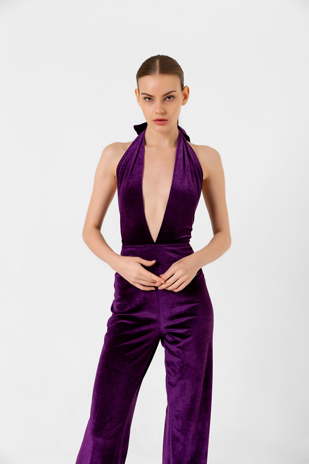 V Yaka Kadife Mor İspanyol Paça Tulum