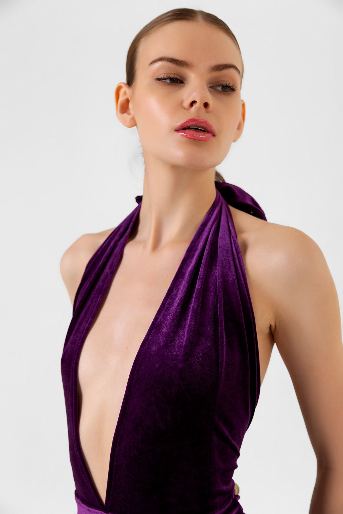 V Yaka Kadife Mor İspanyol Paça Tulum