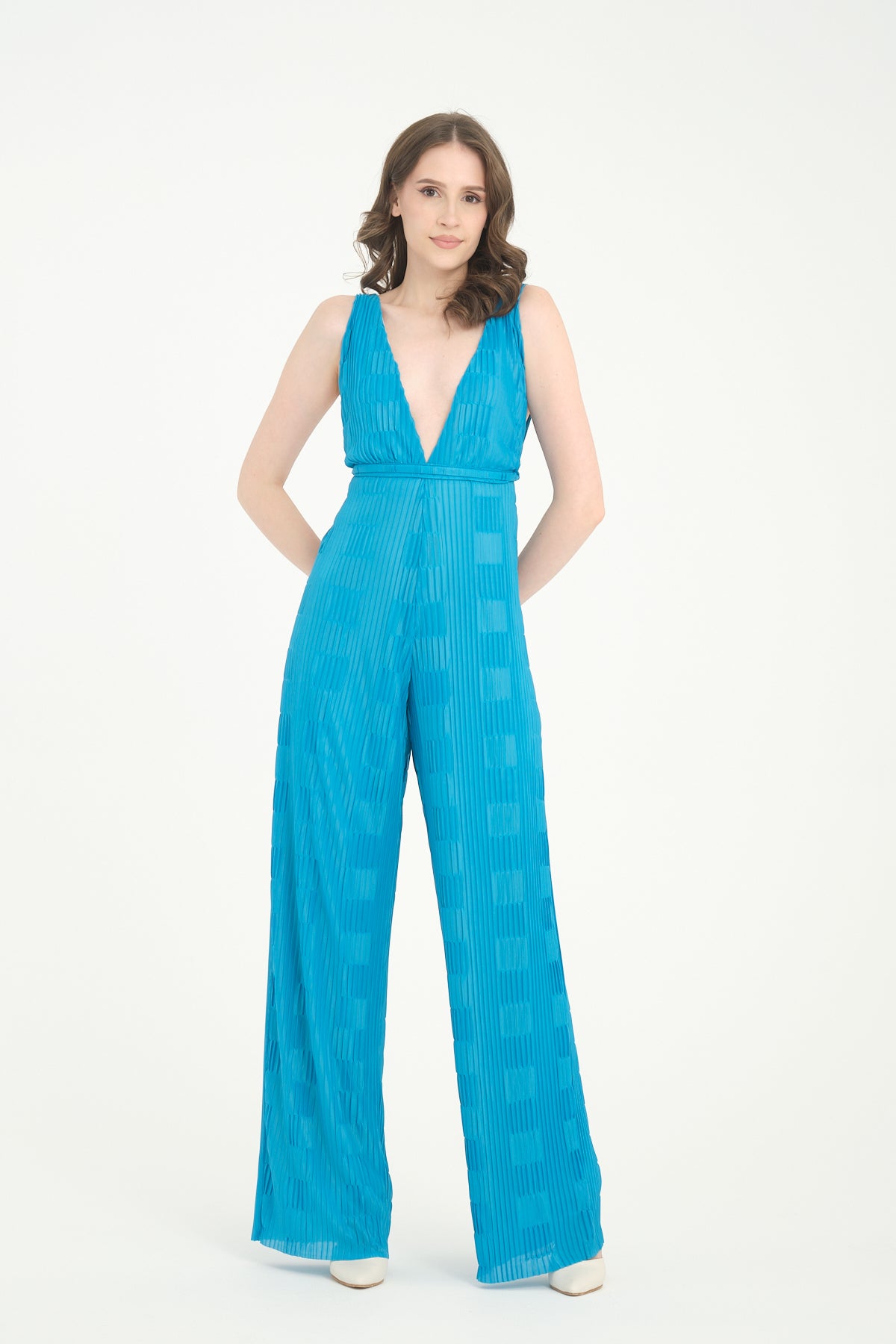 Pileli Wide Leg Mavi Tulum