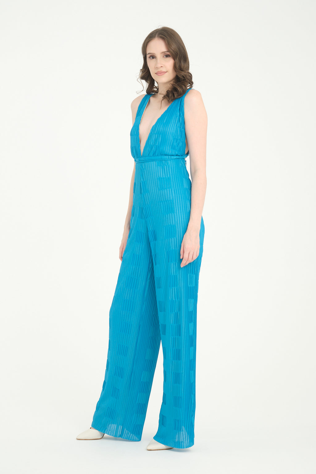 Pileli Wide Leg Mavi Tulum