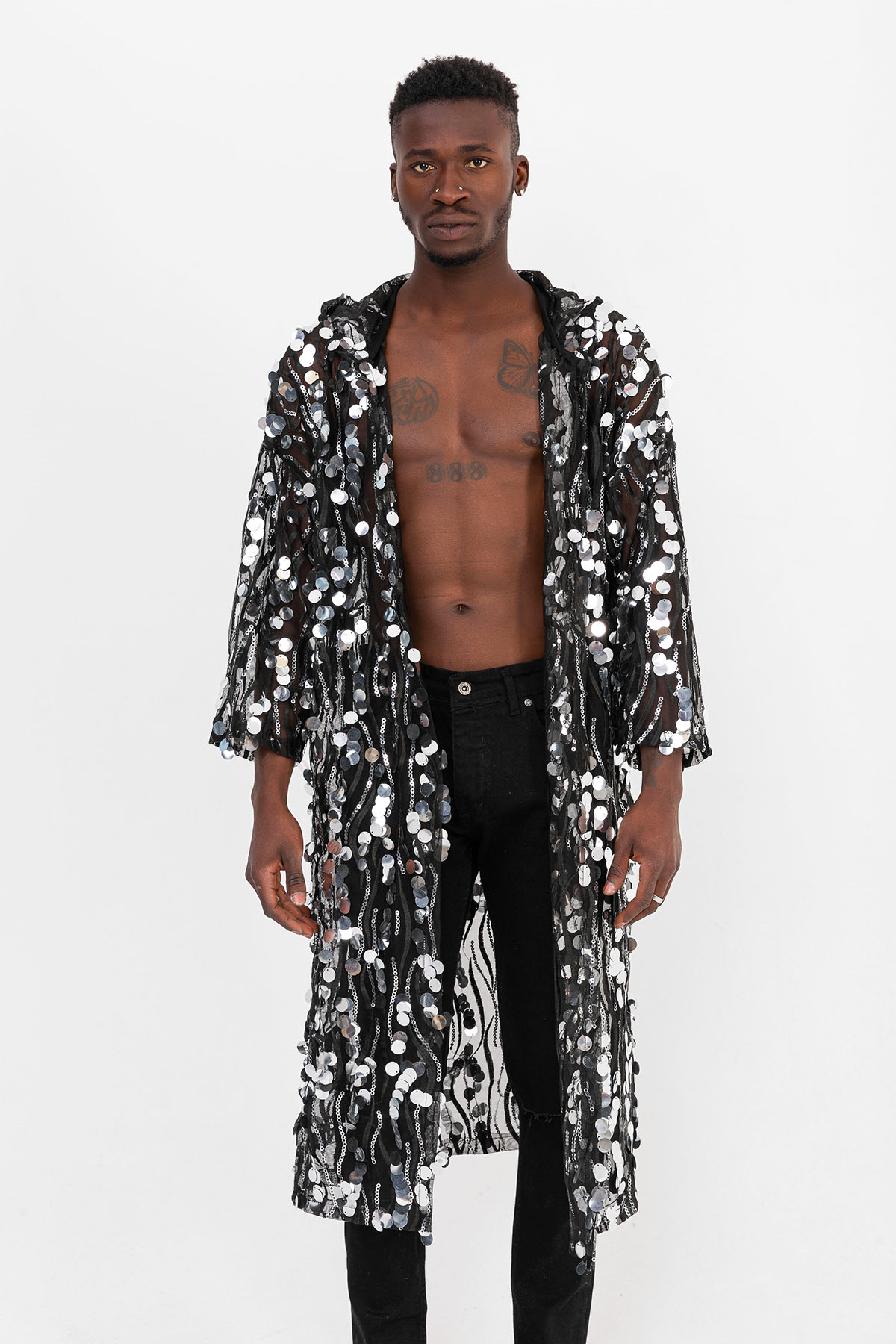 Pul Payetli Gümüş Uzun Kimono