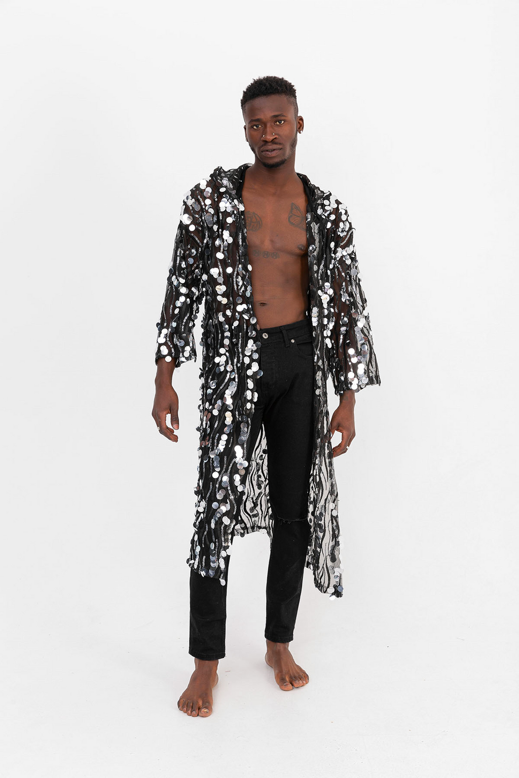 Pul Payetli Gümüş Uzun Kimono