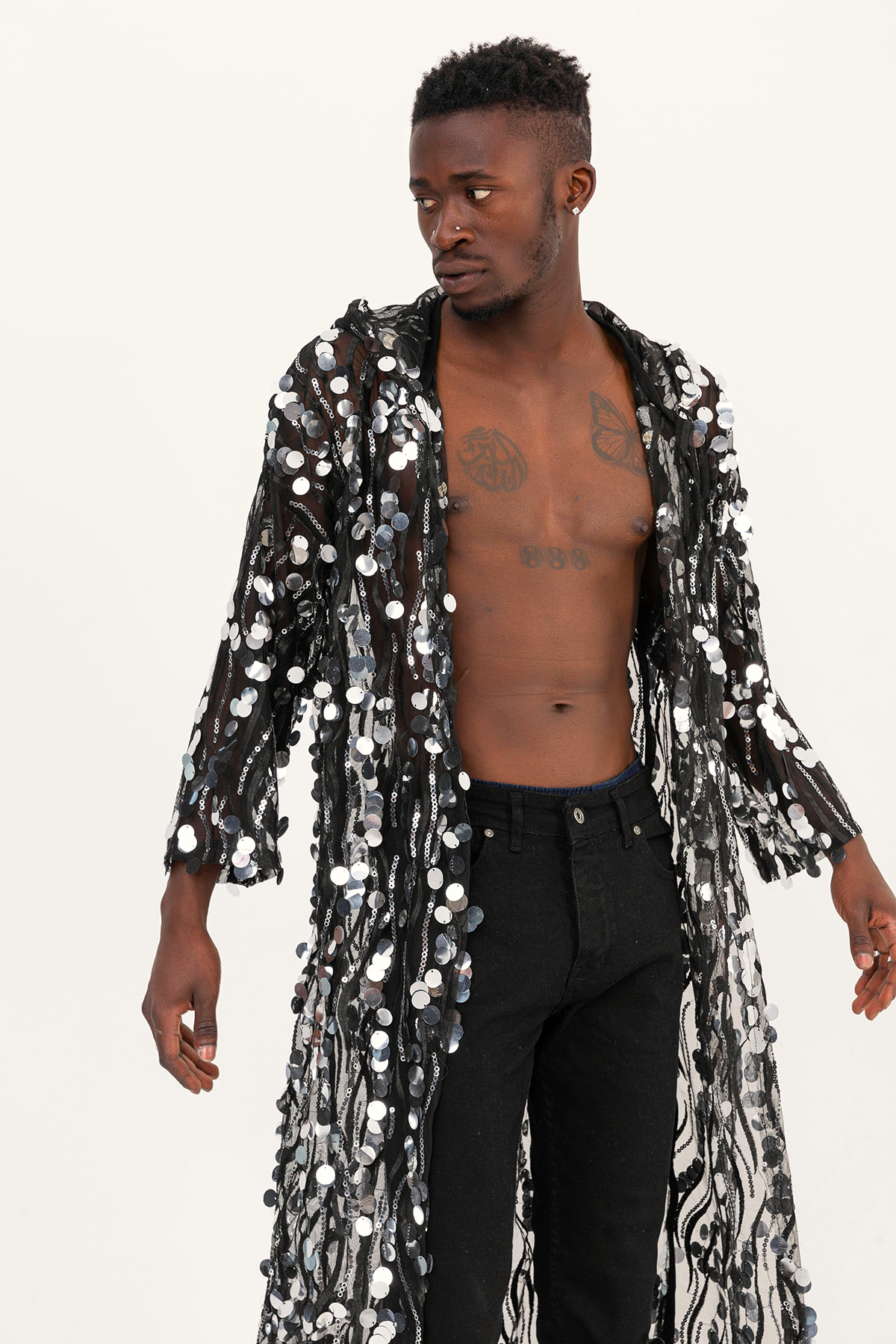 Pul Payetli Gümüş Uzun Kimono