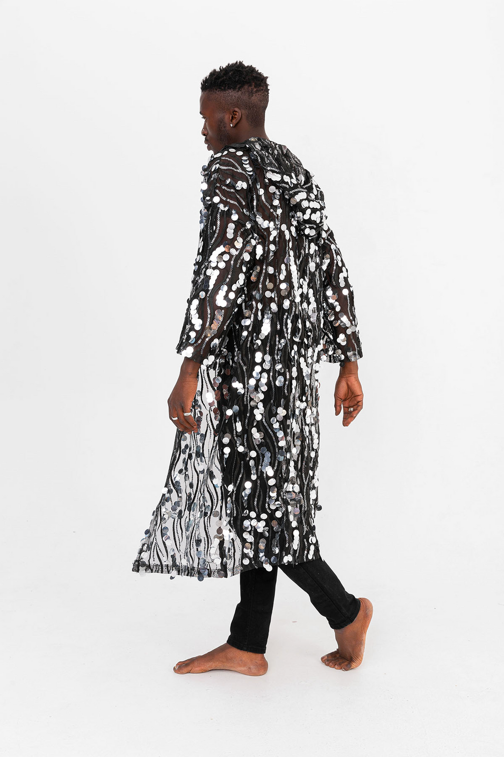 Pul Payetli Gümüş Uzun Kimono