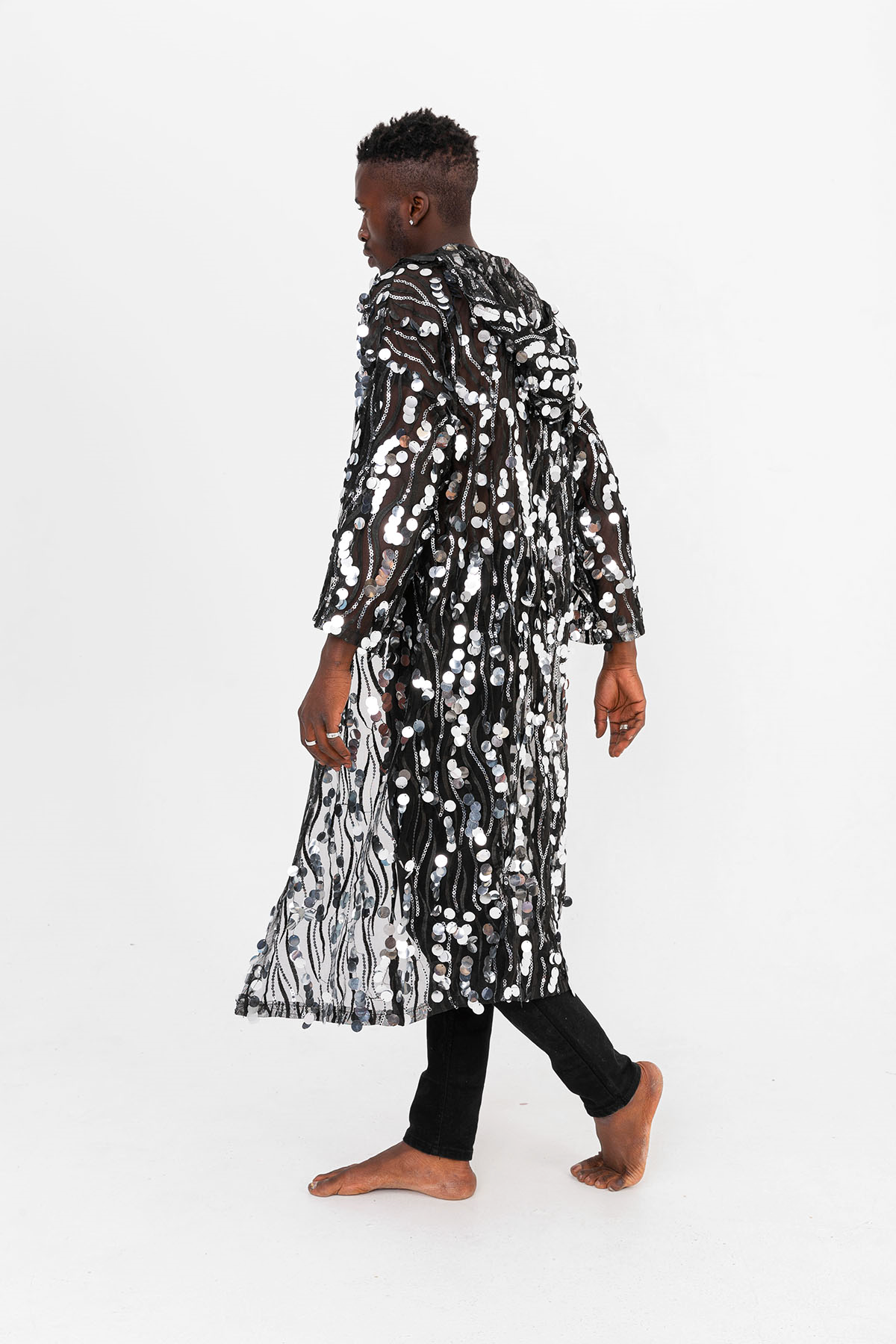 Pul Payetli Gümüş Uzun Kimono