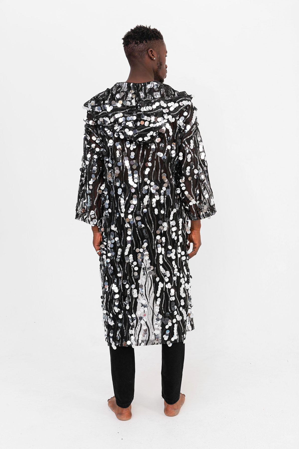 Pul Payetli Gümüş Uzun Kimono