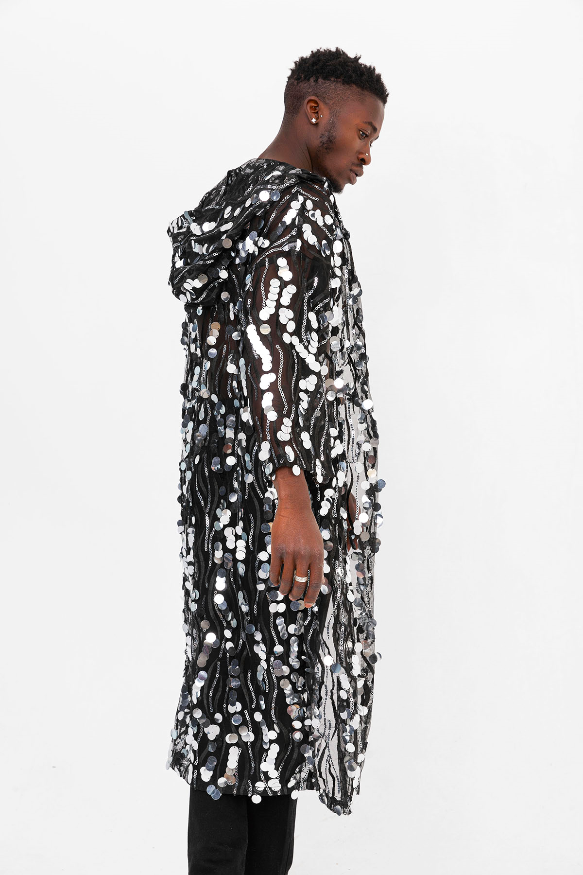 Pul Payetli Gümüş Uzun Kimono