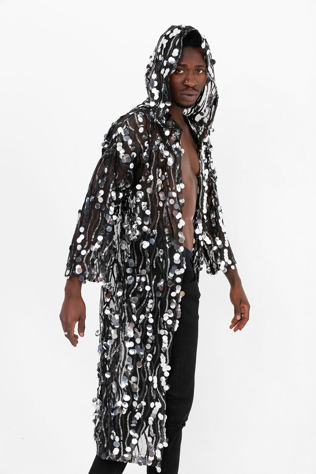 Pul Payetli Gümüş Uzun Kimono