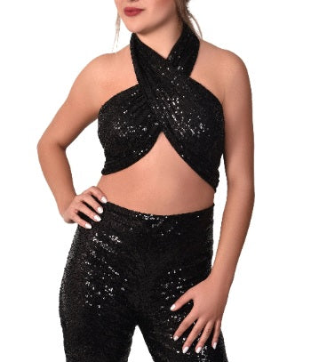 Pul Payetli Halter Yaka Bağlamalı Siyah Şal Bluz