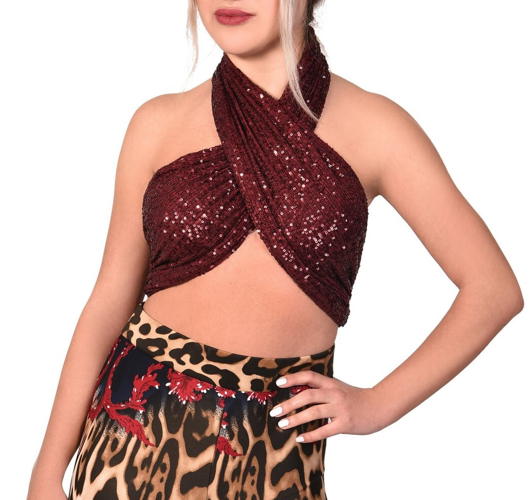 Pul Payetli Halter Yaka Bağlamalı Bordo Şal Bluz